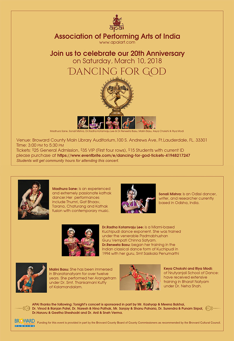 Association of Performing Arts of India - Celebrate 20th Anniversary on Saturday, March 10, 2018