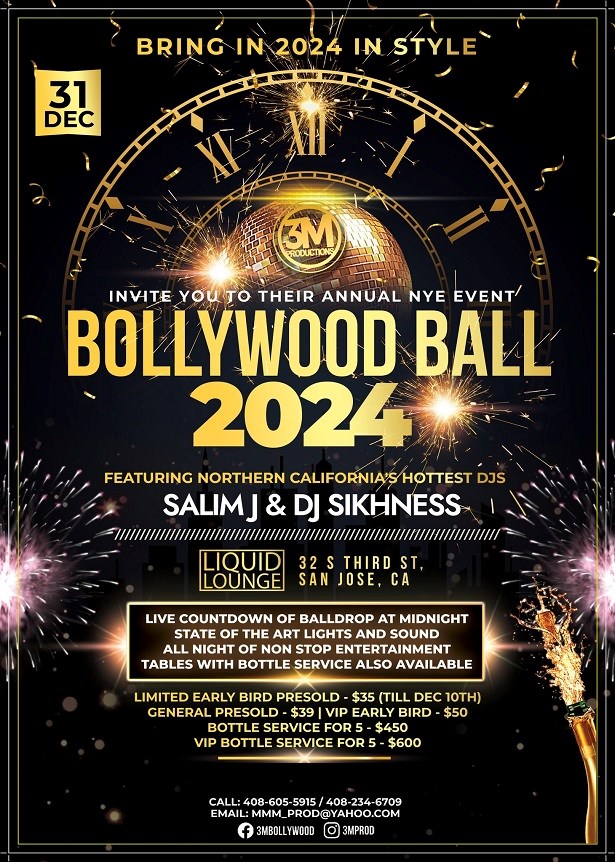 Bollywood Ball NYE 2024 on Sun Dec 31st at Liquid Lounge in San Jose