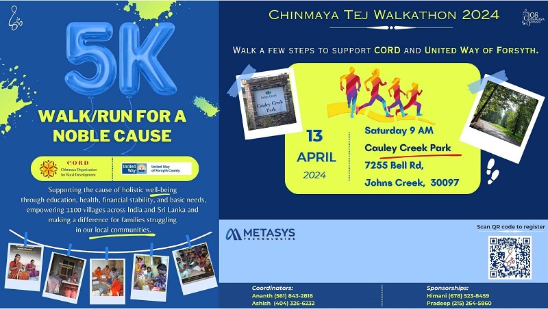 Chinmaya Tej 5K Walkathon at Cauley Creek Park in Johns Creek