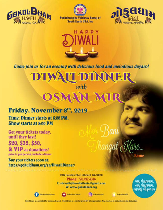 Diwali Dinner with Osman Mir in Buford Hosted by Gokuldham Haveli Atlanta