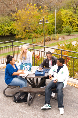 students outside library