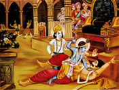 The death of the evil Narakasura in the hands of Lord Krishna