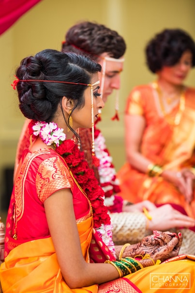 Bride and Groom sitting under wedding mandap