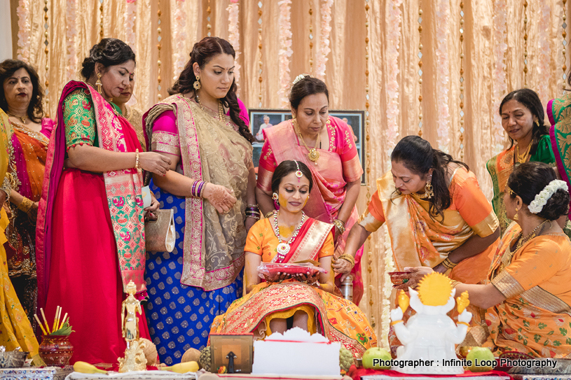 Family members applying haldi to the bride