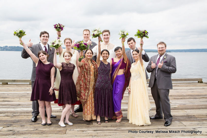 Indian bride and groom with bridesmaids and groomsmen