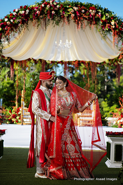 Indian Bride and Groom under Indian wedding Mandap Photoshoot