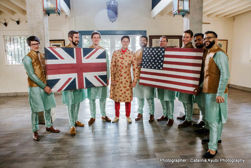 Indian Groomsman showing America and United Kingdom flag