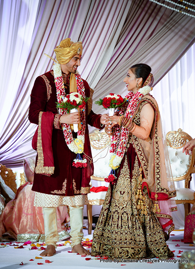 Groom and bride after the garland exchange ceremony