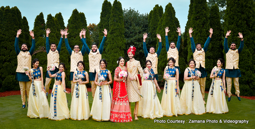 Cute indian Couple with bridesmaids and groomsmens