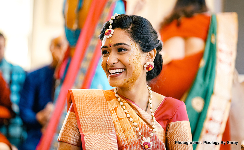 Sweet indian bride during haldi