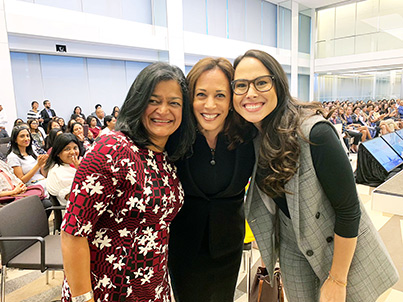 Rep. Pramila Jayapal (left), Sen. Kamala Harris (center) and Meena Harris, founder of the Phenomenal Women Action Campaign