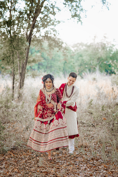 Indian bride and groom at outdoor photoshoot