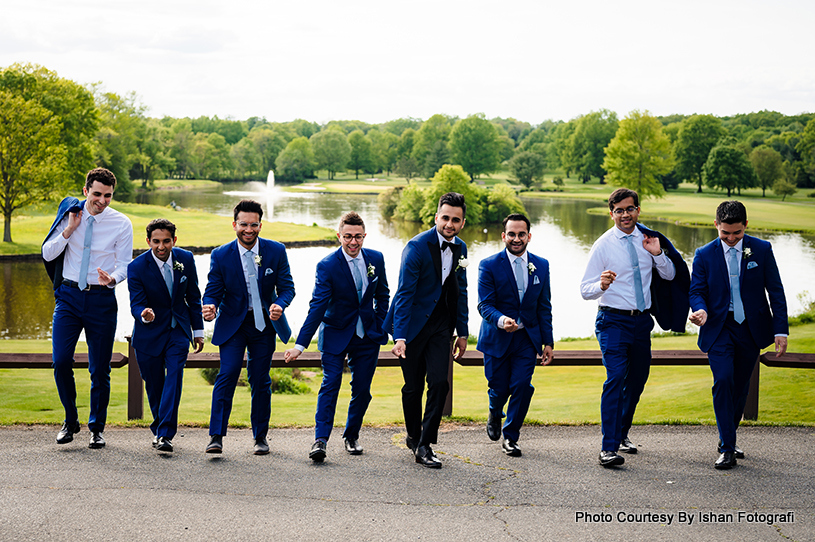 Groom and groomsmen look amazing in white and blue