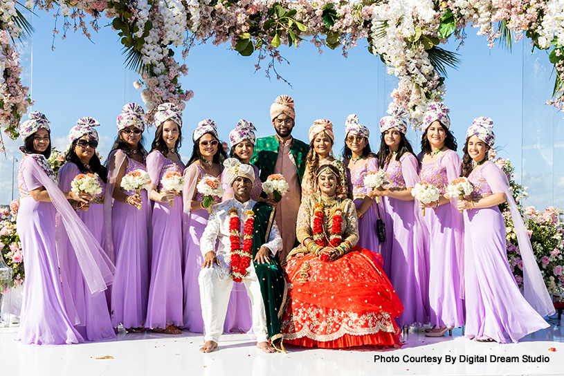 Indian bride and groom with Bridesmaid and Groomsmen