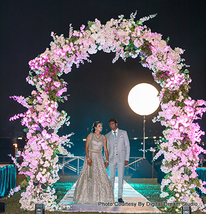 wedding couple about to enter for reception ceremony