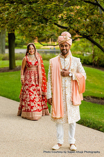 Indian bride and groom about to first look