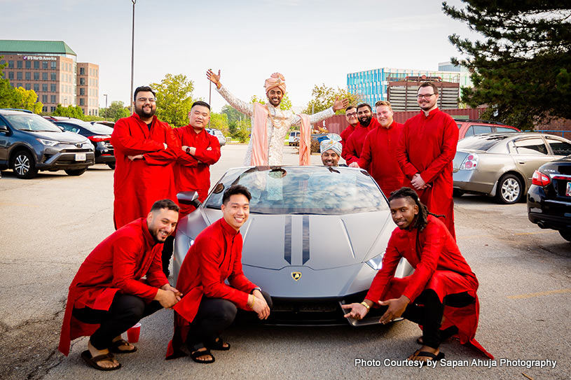 Indian groom and groomsmen ready for baraat possession