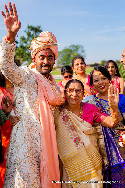 Indian groom Dancing with his grand parent and parent