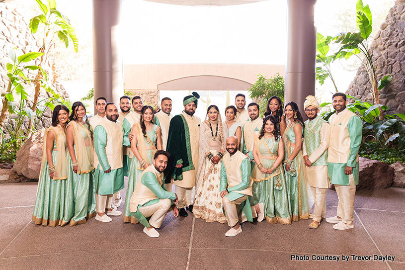 Indian bride and groom with bridesmaids and groomsmen capture
