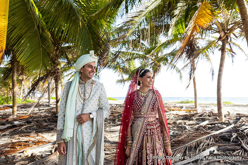 Indian wedding couple posing for outdoor shoot