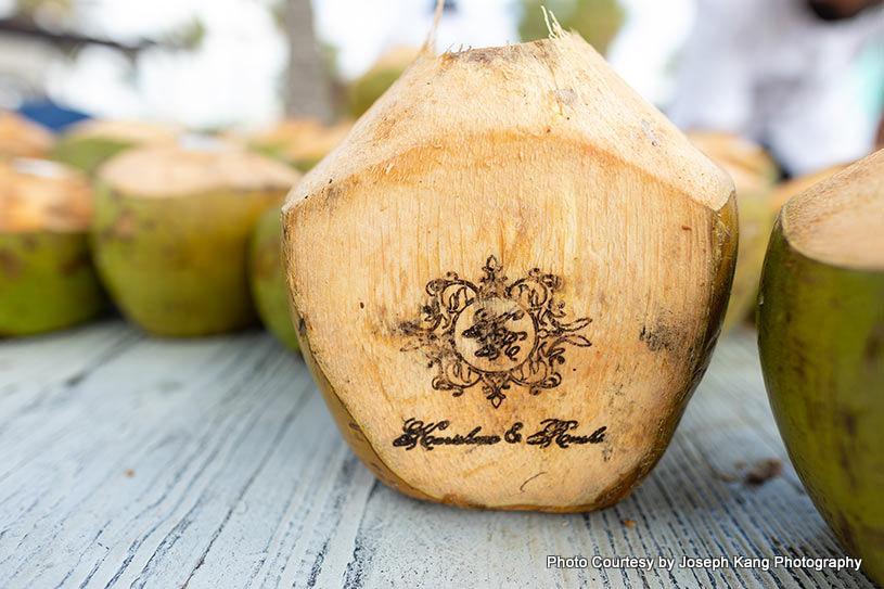 Coconut with wedding couple's name