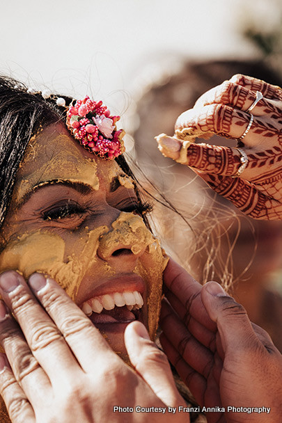 Indian bride wear Flower jewelery in Haldi Ceremony