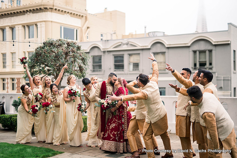 Indian bride and groom with bridesmaid and groomsmen