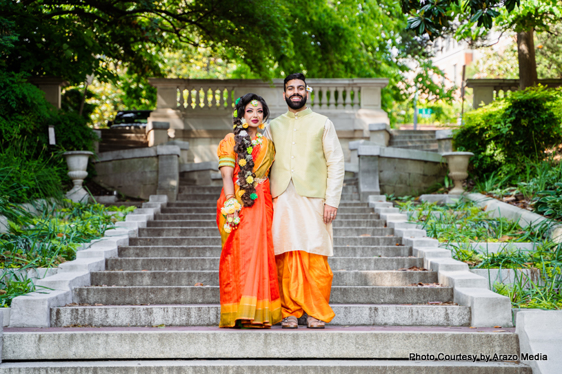 Indian wedding couple possing for outdoor photoshoot