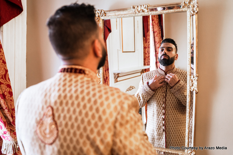 Indian groom getting ready for wedding