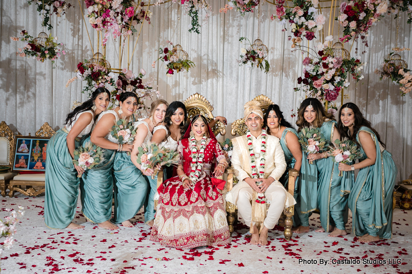 Indian bride and groom with bridesmaid capture