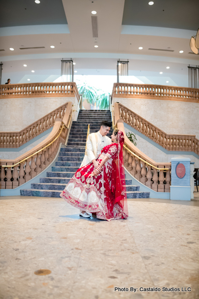 Indian bride and groom possing for photoshoot