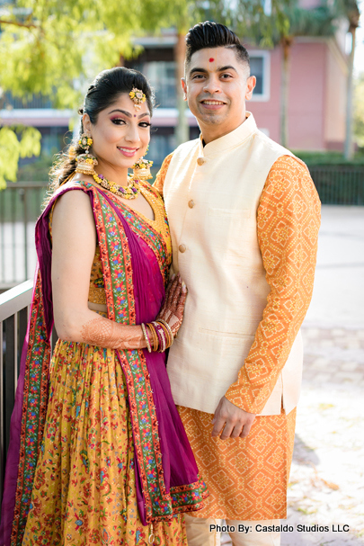 Indian wedding couple ready for their haldi ceremony
