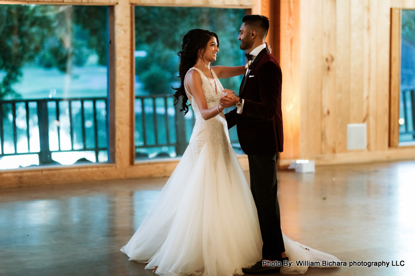 Bride and groom sharing a romantic dance