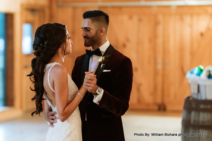 Joyful bride and groom sharing a romantic moment