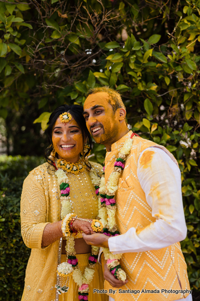 Indian wedding couple ready for their haldi ceremony