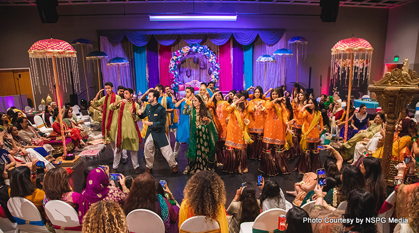 Indian bride and groom enjoying on dance floor
