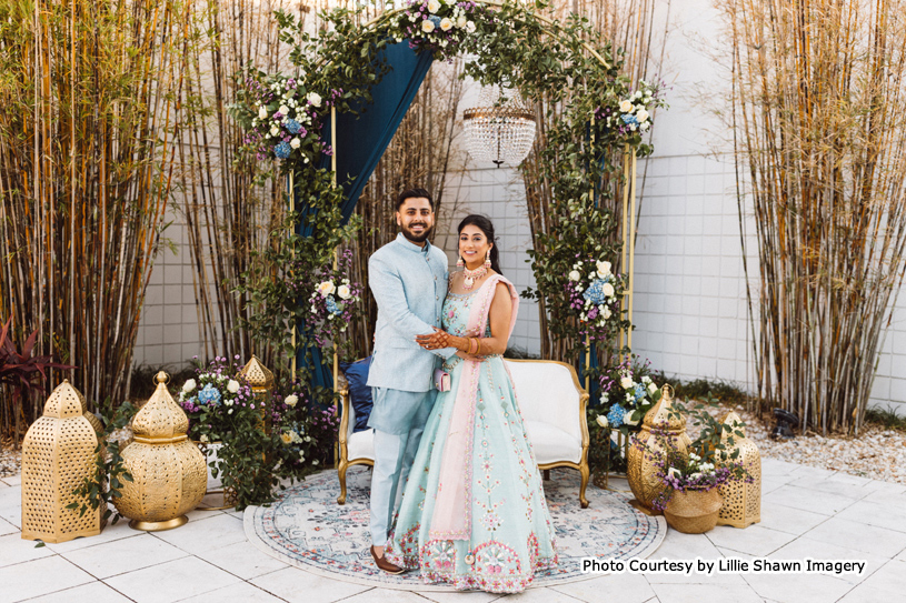 Indian Wedding Couple at beautiful decorated stage