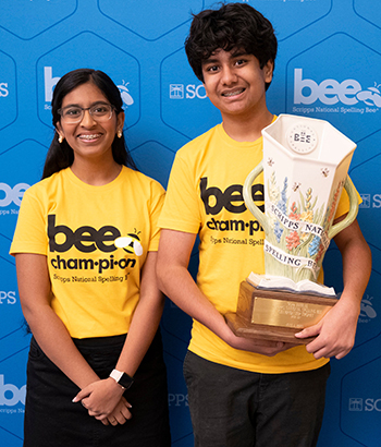 Shradha Rachamreddy was eliminated on the word "orle," and Surya Kapu was eliminated on the word "kelep" as the field shrank to the last four spellers