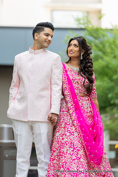 Indian wedding couple posing for photoshoot