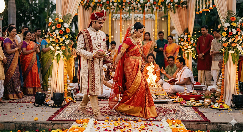 Hindu bride and groom performing wedding rituals around the sacred fire (Agni) during a Vedic marriage ceremony