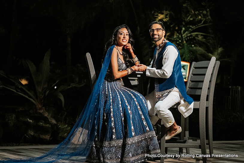 Indian bride and groom looking gorgeous in Sangeet dress
