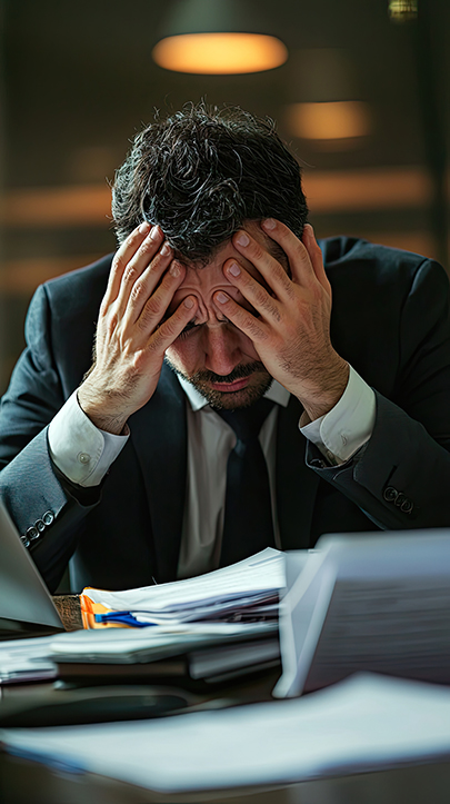 A stressed businessman sits at his desk with his head in his hands, feeling overwhelmed.