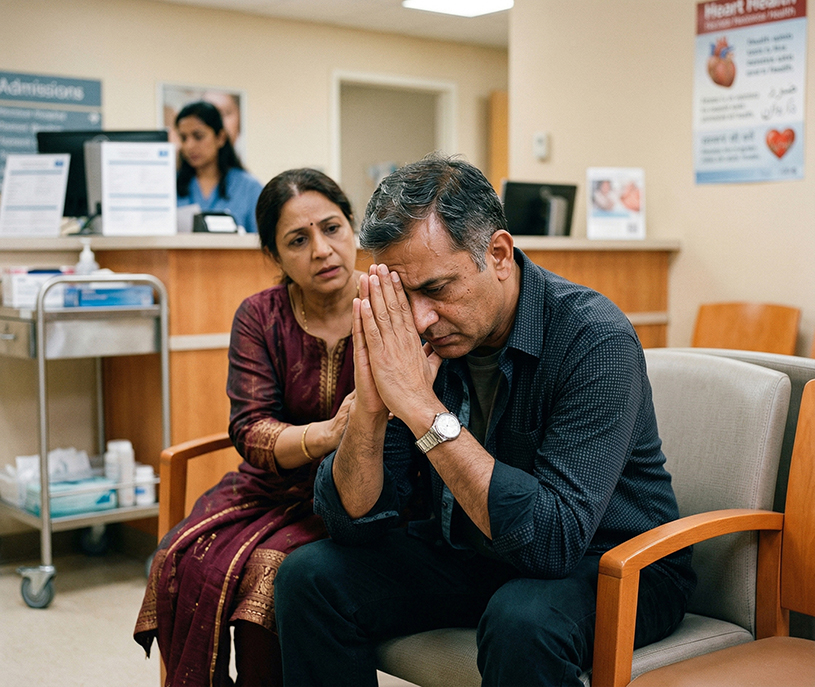 A couple in a hospital waiting area, with one person offering support to another who appears distressed.