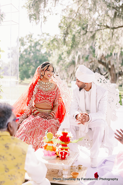 Groom and bride performing wedding rituals at the mandap during Hindu ceremony