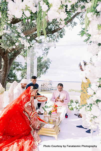 Groom and bride performing wedding rituals at the mandap during Hindu ceremony