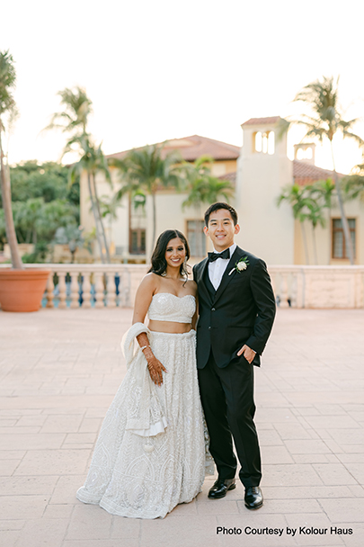 Romantic outdoor portrait of bride and groom