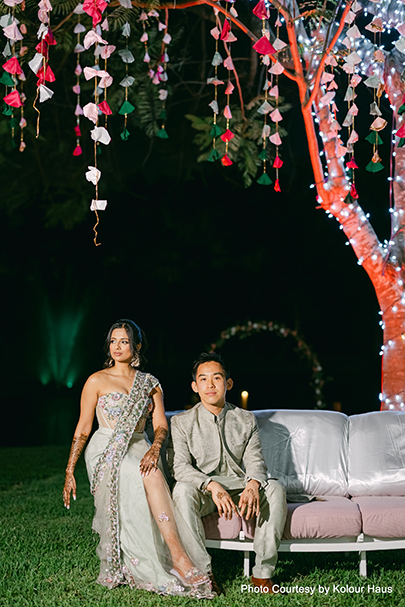 avya and Eddy during their pastel-themed Mehndi garden tea party at Saint Patrick Palace