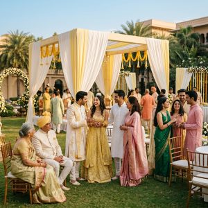 Guests gathered at an outdoor wedding venue under a decorated canopy during a combined Haldi and Mehendi celebration with traditional attire and festive décor.