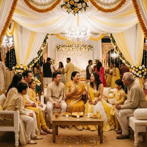 Bride and groom’s families sitting together in a decorated wedding venue during a Haldi or Mehendi celebration, enjoying playful interaction and conversation.
