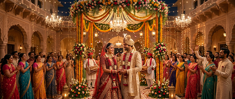 Traditional Indian wedding ceremony showcasing a bride and groom surrounded by family and guests during a grand celebration in 2026